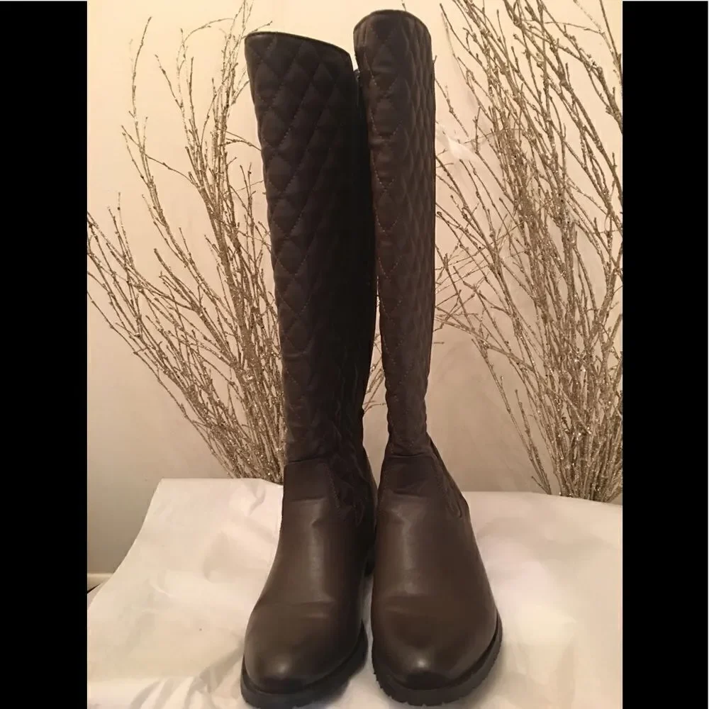Brown Faux Leather Quilted Knee High Boots 7.5M EUC